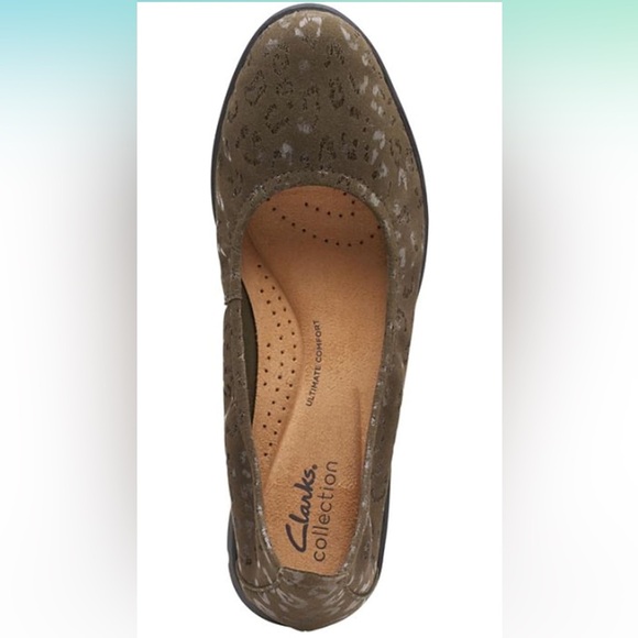 Clarks Jenette Ease Flat Olive Interest Cheetah Leather Women’s Size 8.5 M - Picture 1 of 11
